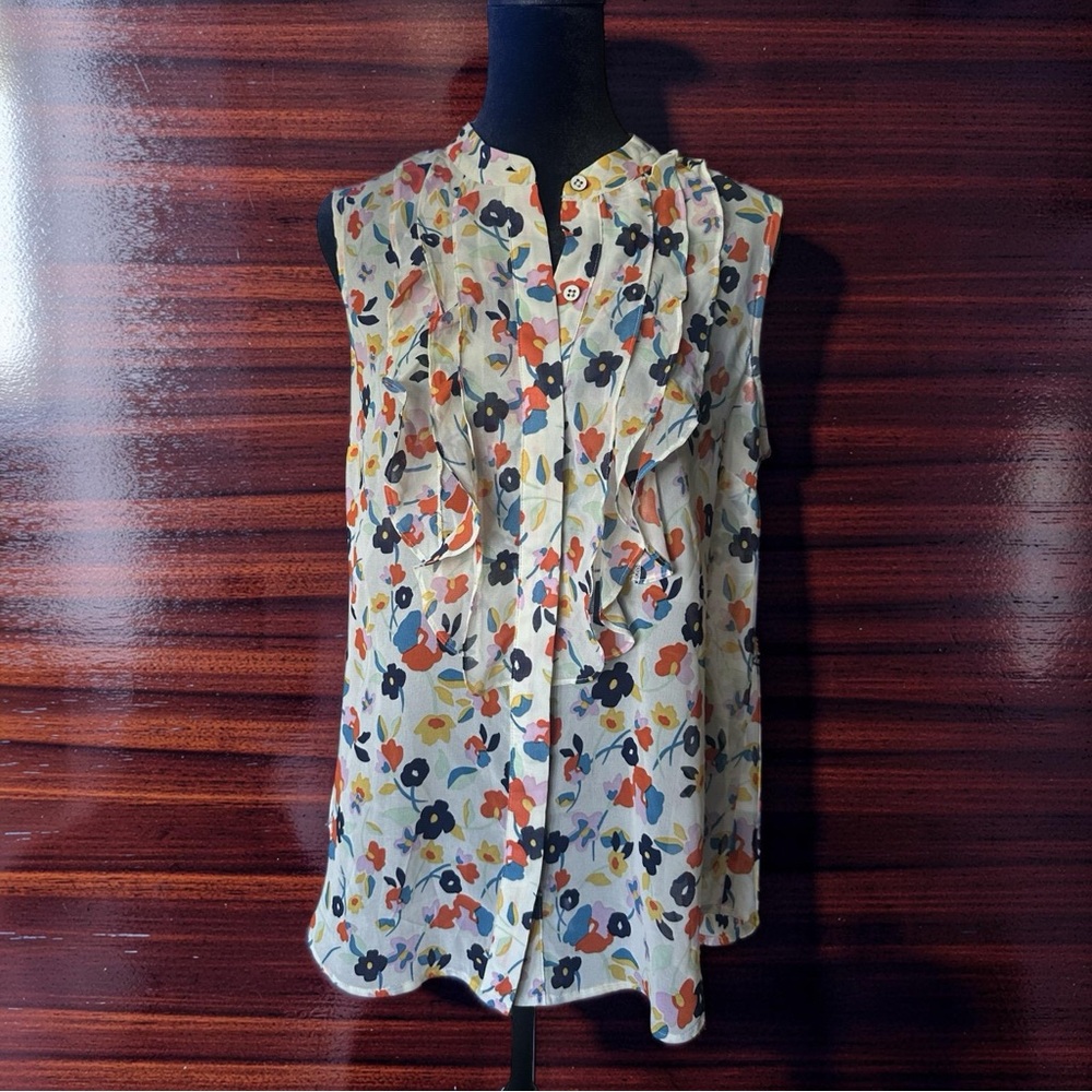 Cabi Sleeveless Floral Ruffle Front Blouse - Cream/Multicolor Size Small
